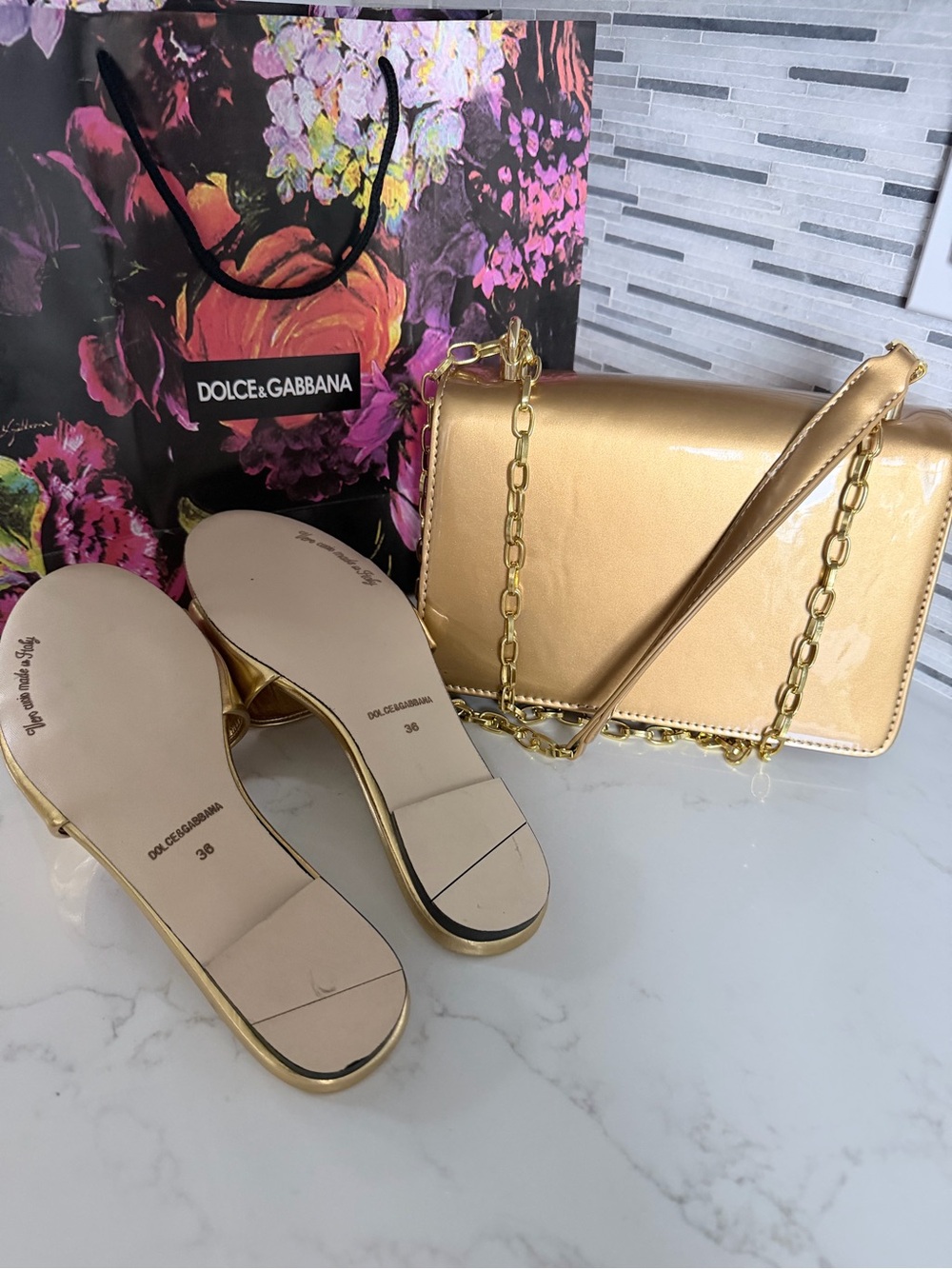 Metallic Gold Patent DG-Emblem Shoulder Bag with Matching Slides size 6 - Picture 10 of 16